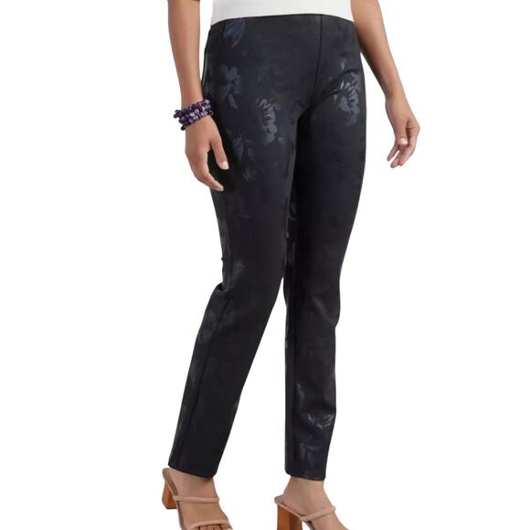 Soft Surroundings Perfect Ponte Black Floral Pull On Straight Leg Pants Large - Picture 1 of 8